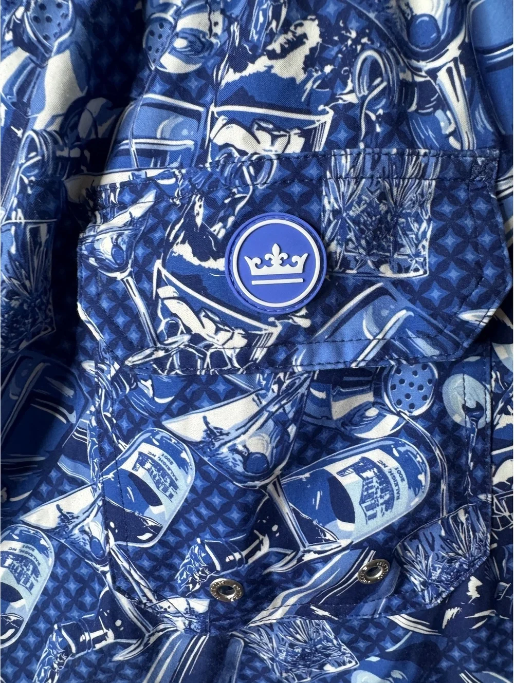 Peter Millar Mens XL Swim Trunks Blue Cocktail Print Drawstring Stretch
